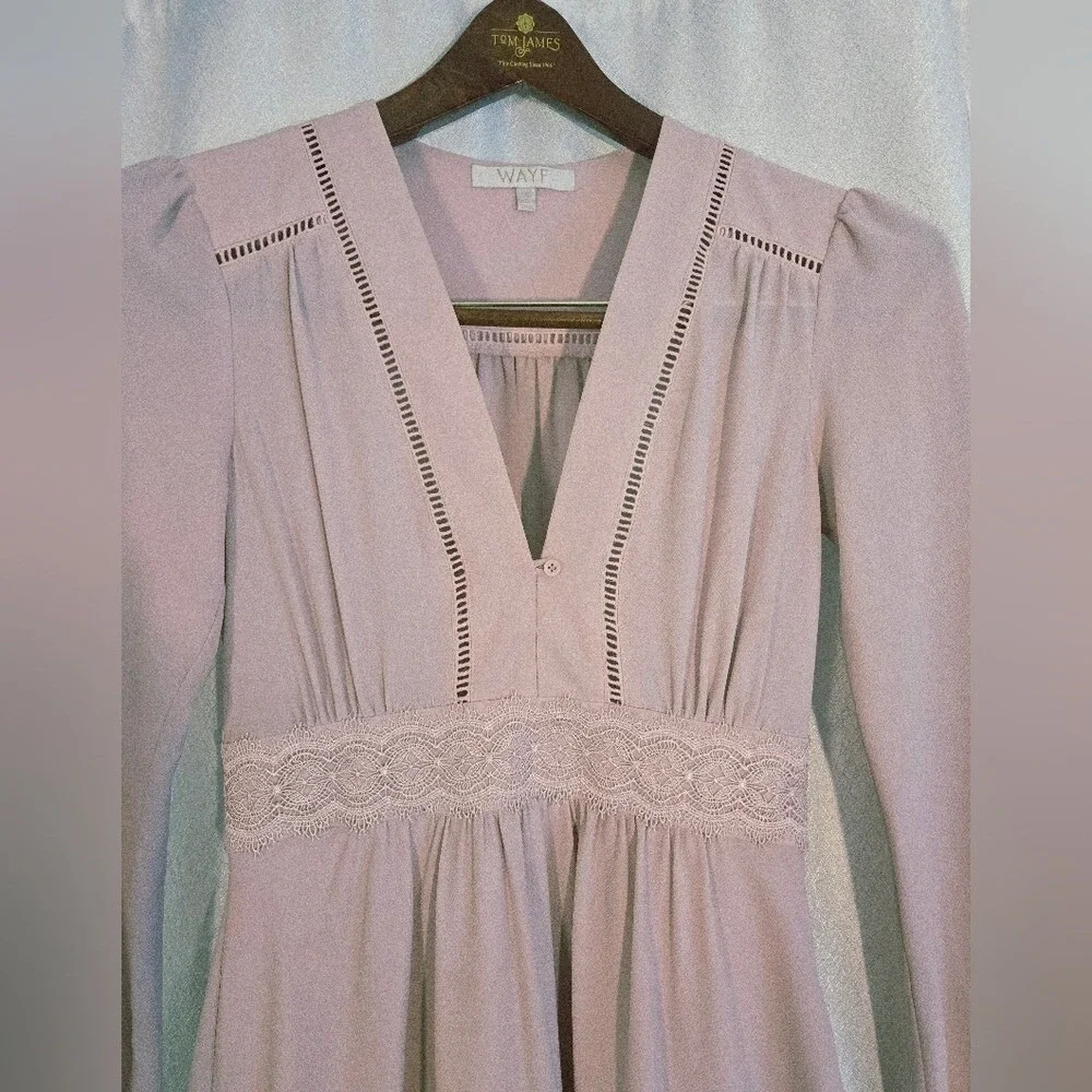 WAYF‎ Womens Blush Pink Lace Trim V-Neck Long Sleeve Mini Dress XS